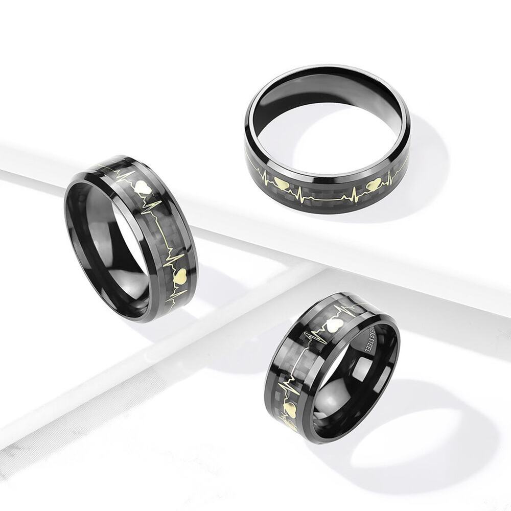 Gold Heart Beat Inlaid Center Black 316L Stainless Steel Band 8mm width size 6